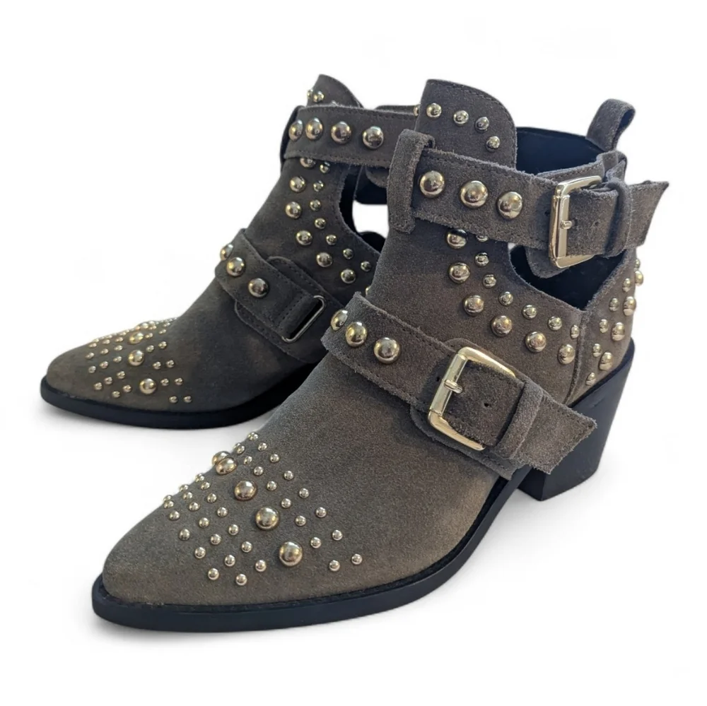 KURT GEIGER London Sybil Studded Ankle Boots Olive Suede Size 37 (6.5-7)